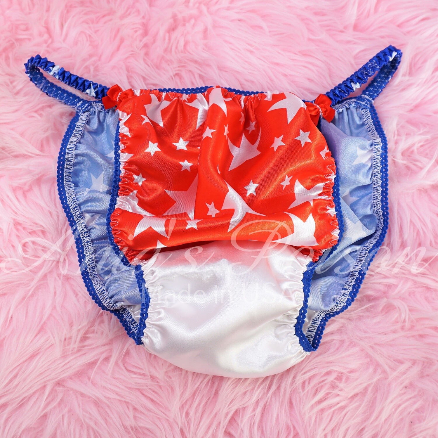 Ania's Poison July 4th Panties 100% polyester Red White and Blue Stars string bikini sissy mens underwear Patriotic USA print panties set OR bra OR skirt