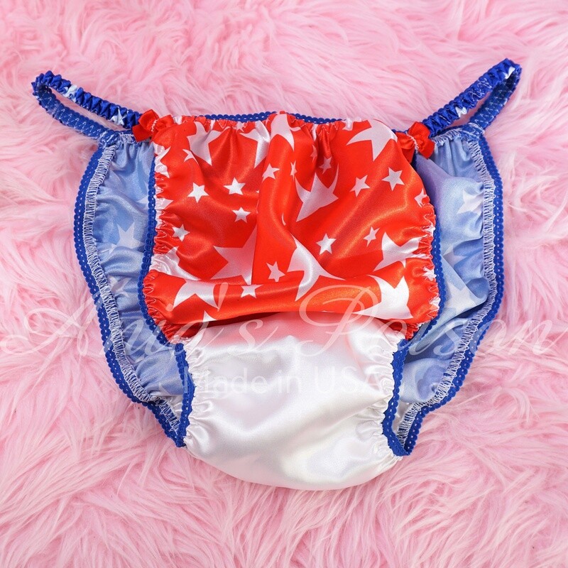 Ania's Poison July 4th Panties 100% polyester Red White and Blue Stars string bikini sissy mens underwear Patriotic USA print panties set OR bra OR skirt