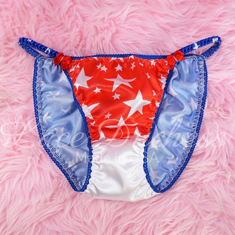 Lace Duchess Classic 80's cut July 4th panties Red White & Blue Stars print Satin wet look Vintage Style string bikini sz 6 7 8