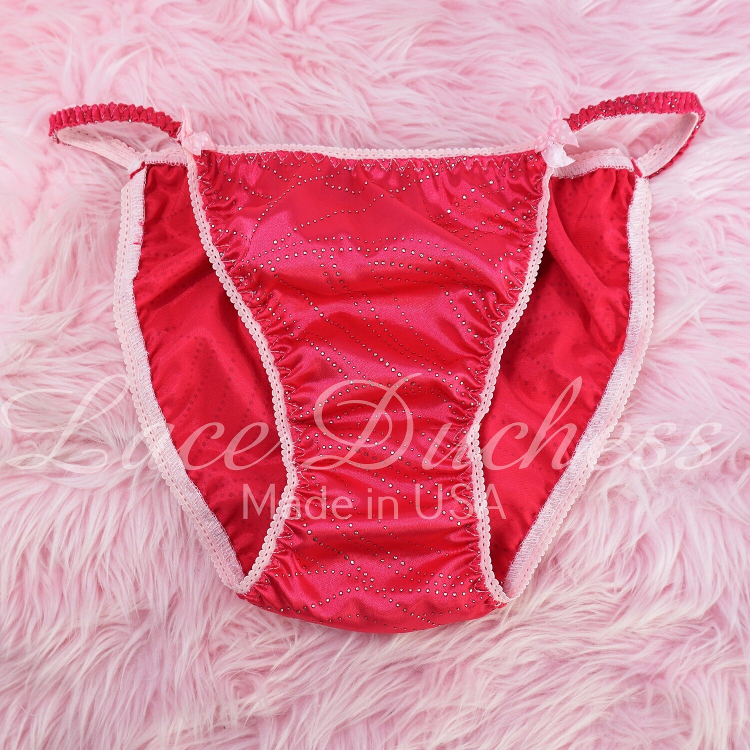 Lace Duchess Classic 80's cut hot Pink with Metallic silver beads Satin wet look Vintage Style ladies string bikini panties sz 7 FLASH SALE