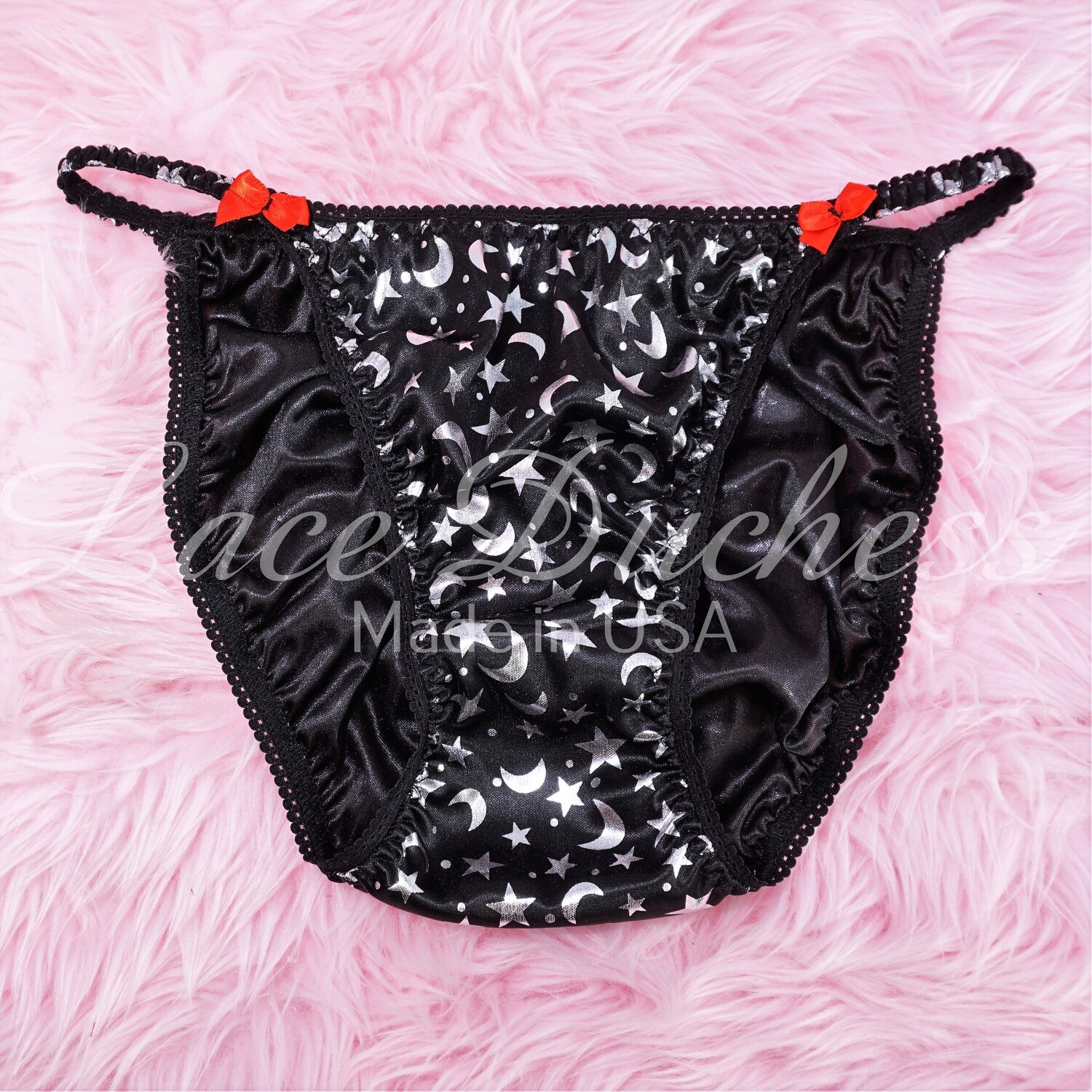Halloween Lace Duchess Classic 80's cut Black & Silver Satin Foil Stars & Moons ladies string bikini panties sz 5 6 7 8