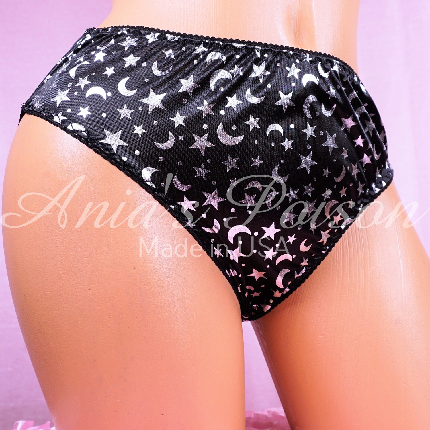 Halloween Lace Duchess Classic 80's cut Black & Silver stars & moons Satin Foil New Full CUT ladies panties sz S/M L/XL