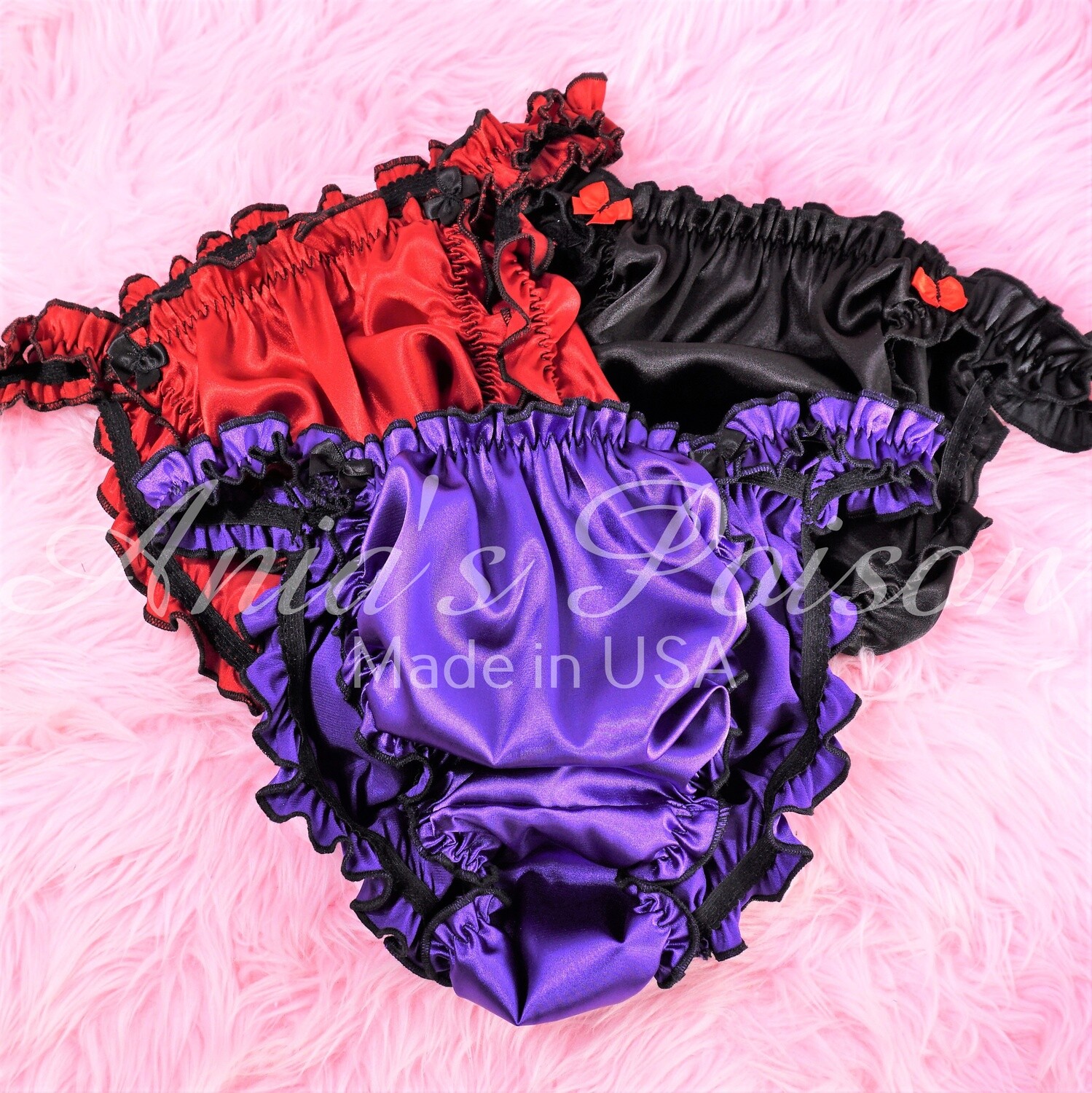 HALLOWEEN Edition Ruffled SISSY PANTIES!  Ruffled Frilly girly string bikini Satin mens panties Black Purple Red