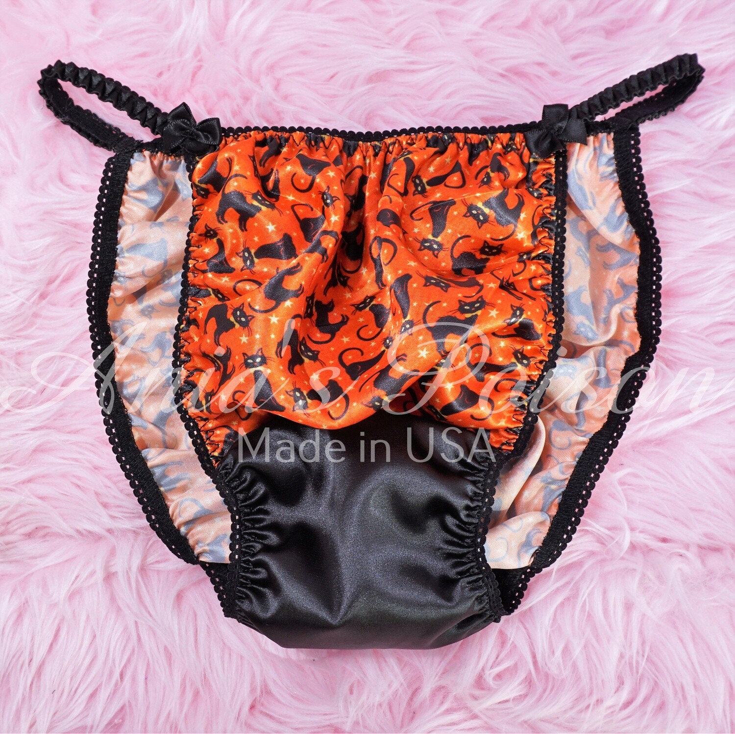 Halloween Ania's Poison sissy MENS Black Cat Orange SATIN wet look Mens holiday panties sz S-XXL