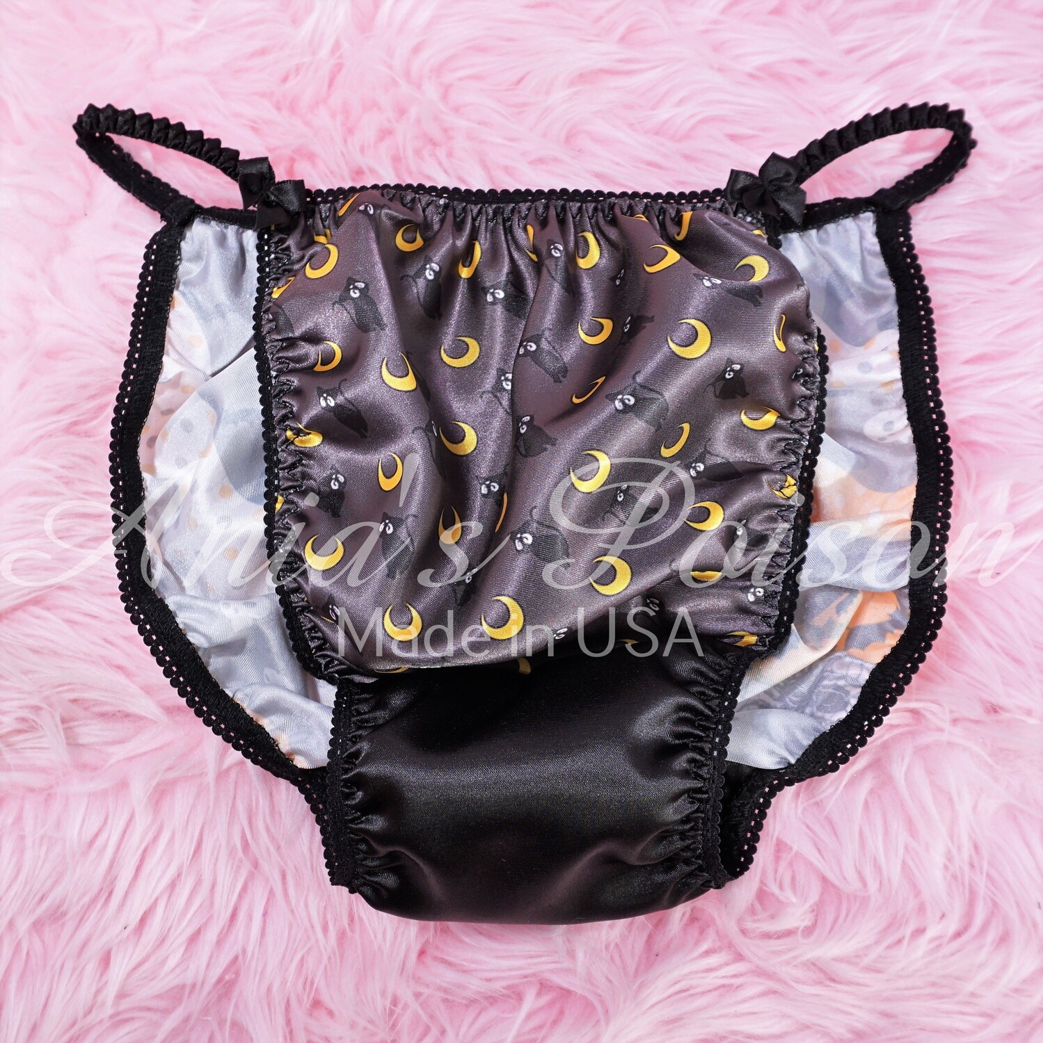 Halloween Ania's Poison sissy MENS SATIN cats bats spiders polka dot wet look Mens Combo print holiday panties sz S-XXL