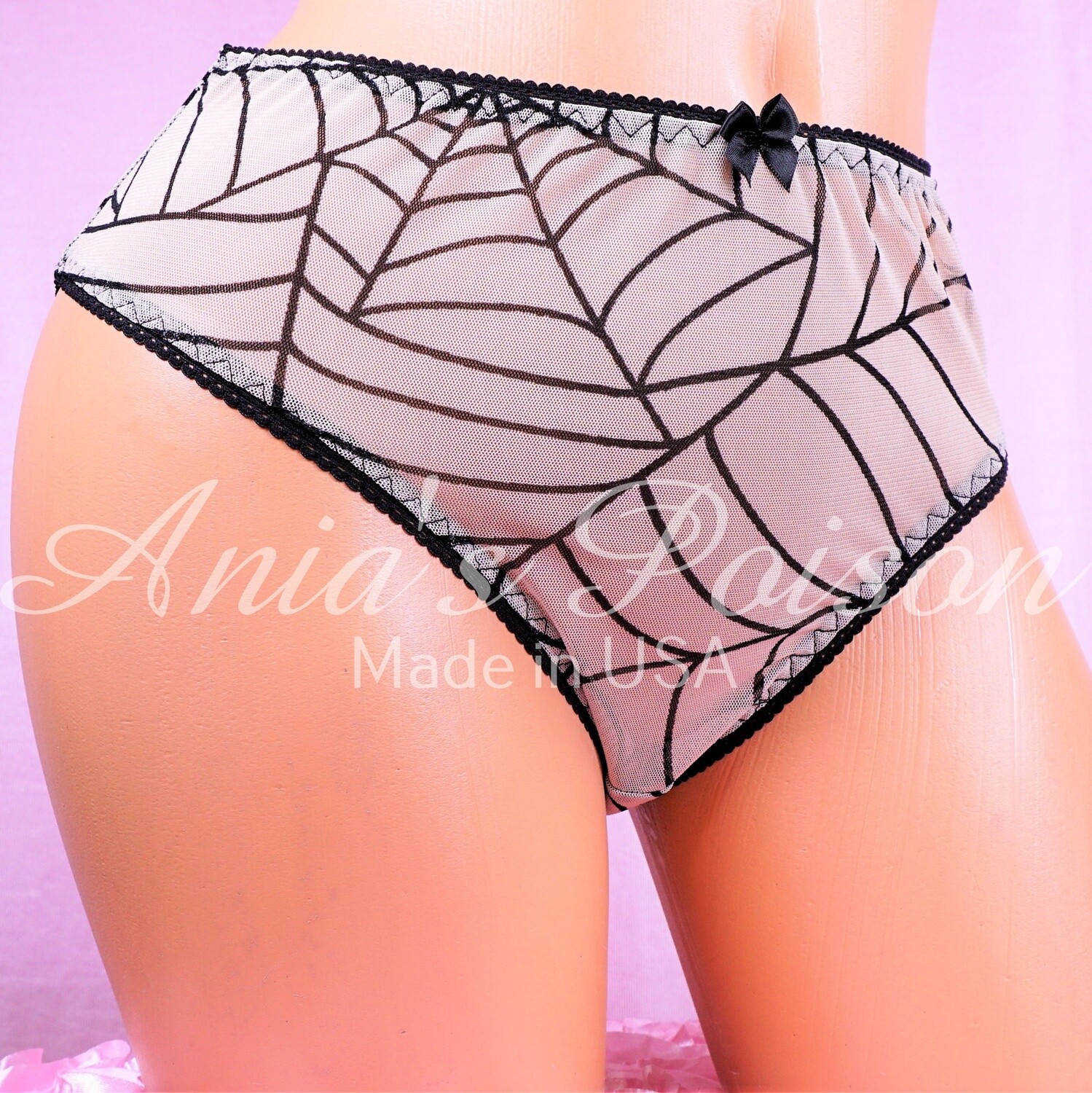 Halloween Lace Duchess Classic 80's cut Spiderweb Ivory & Black Nylon Mesh New Full CUT ladies panties sz Super stretch sz 7