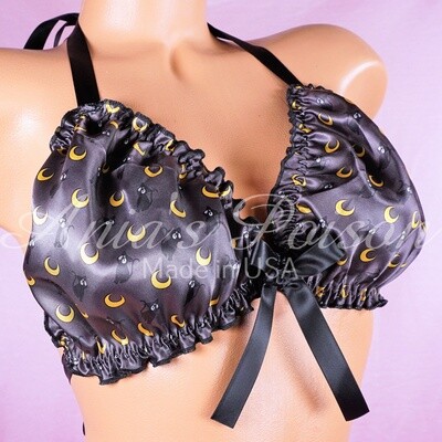 Halloween Ruffled super shiny lined Black cats and moons tie up halter triangle mens OS bra
