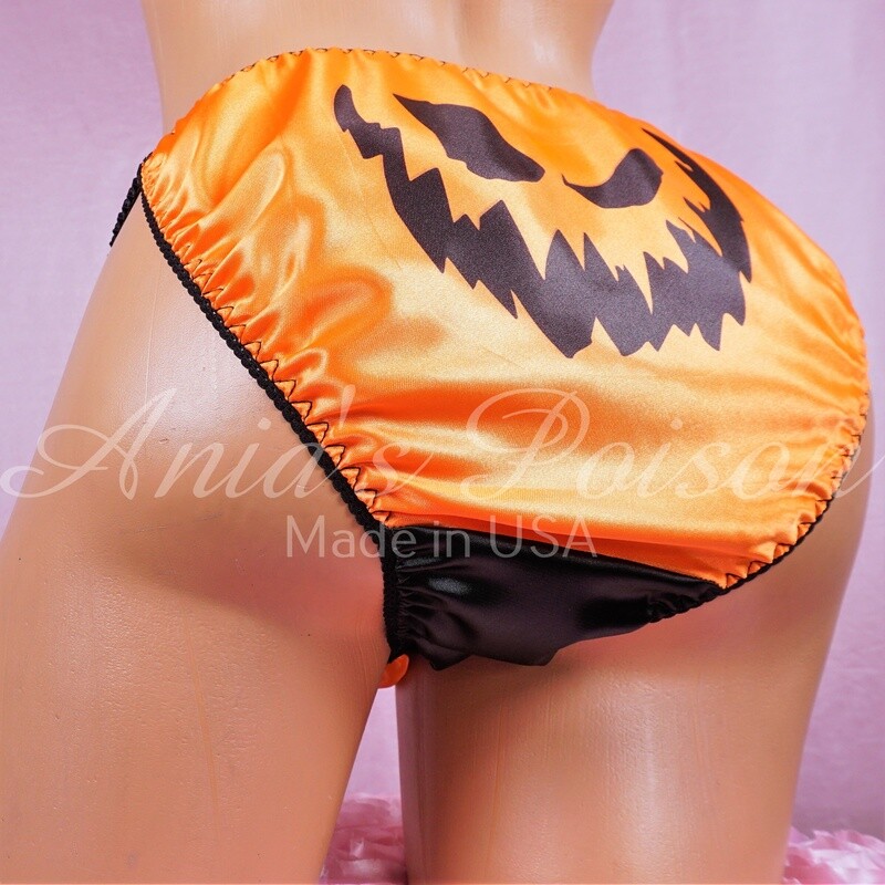 Ania's Poison HALLOWEEN Jack-o-lantern carved pumpkin face Halloween 100% polyester SATIN string bikini sissy mens underwear panties