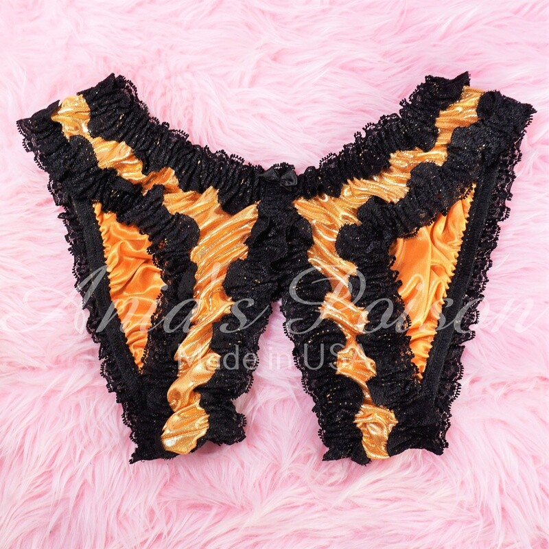 Anias Poison HALLOWEEN Unisex open crotch Crotchless butterfly metallic orange Black foil sissy ruffled panties