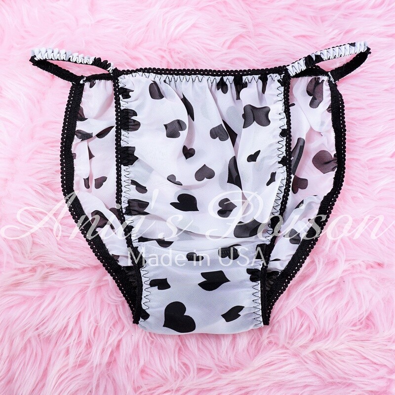 Sheer CHIFFON Black White Hearts novelty print sheer sissy mens string bikini panties S-2XL