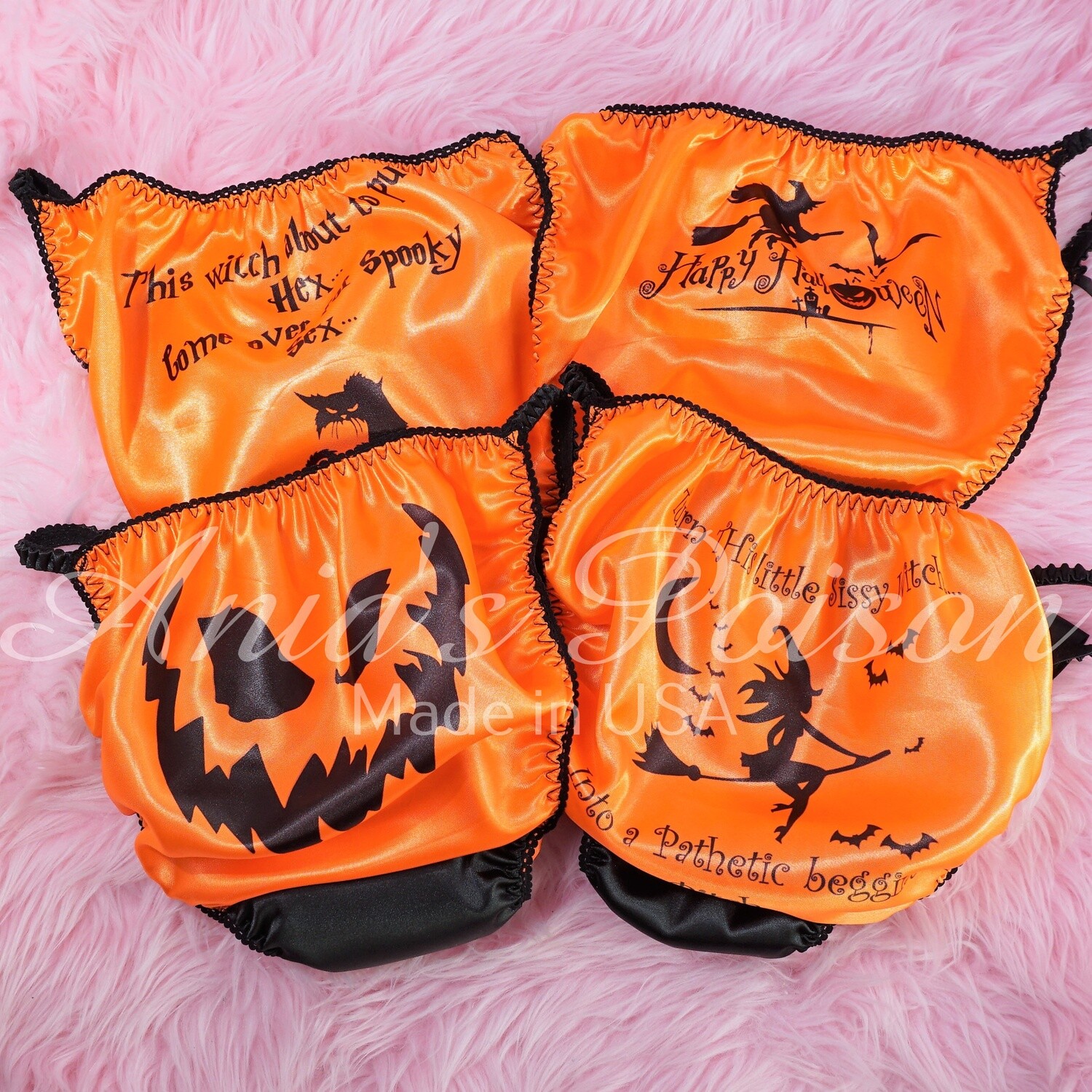 Ania's Poison HALLOWEEN Panties Jack-o-lantern face, spooky cat, Sissy Poem, flying Witch 5 Choices! 100% polyester SATIN string bikini sissy MENS underwear panties