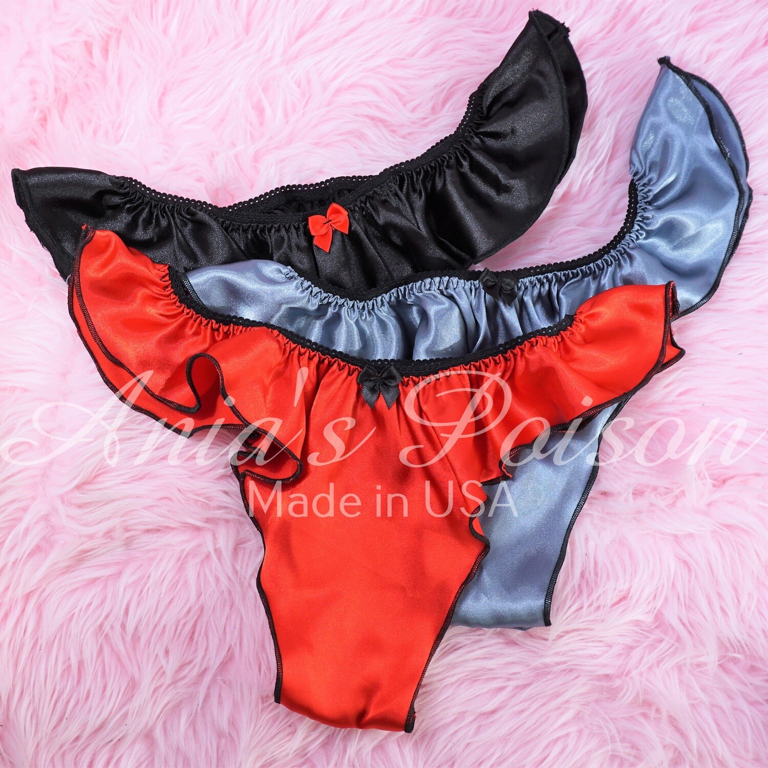 Ania's Poison Halloween Gift set 3 pairs of Satin shiny Brazilian flutter panties Red Black Gray wetlook