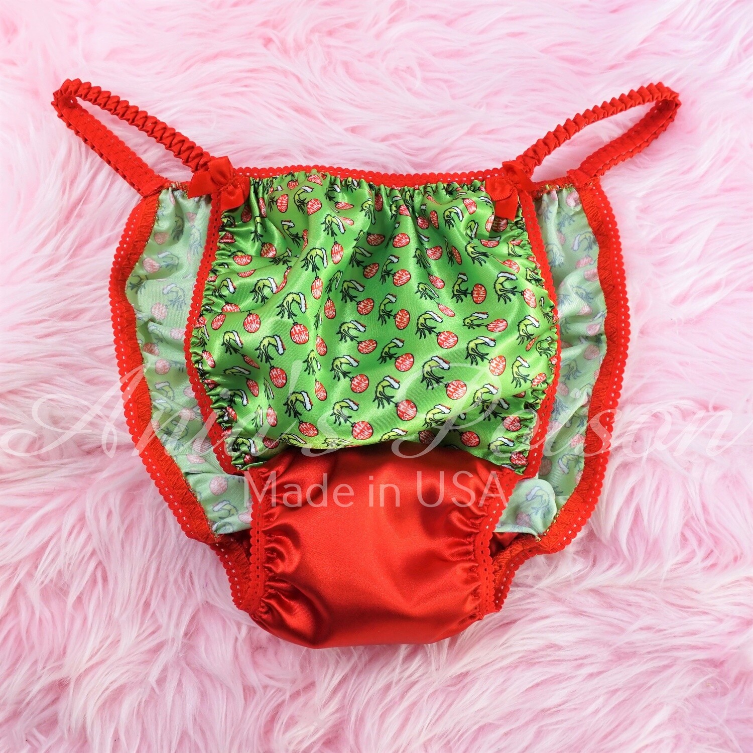 Christmas Ania's Poison sissy MENS SATIN Green Grouch Red Ornament wet look Mens holiday panties sz M-XL