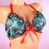 Christmas Ruffled super shiny SATIN lined Tree-Rex Dino print Red Black Green tie up halter triangle mens OS bra