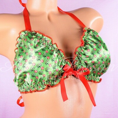 Christmas Ruffled super shiny SATIN lined Green Grouch Red ornament tie up halter triangle mens OS bra
