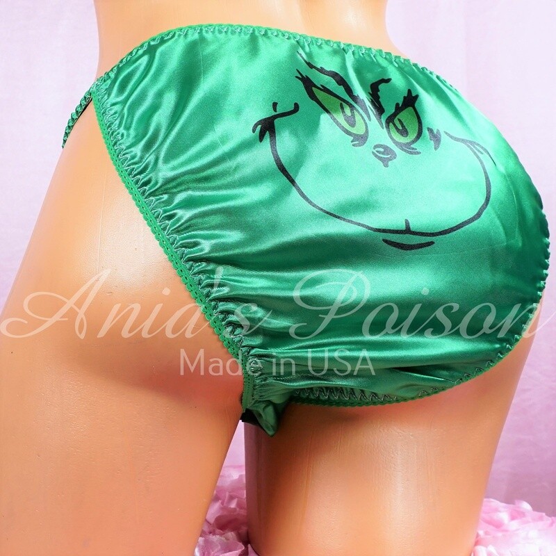 Ania's Poison Christmas Edition 100% polyester silky soft Green Grouch Smile string bikini sissy mens underwear panties