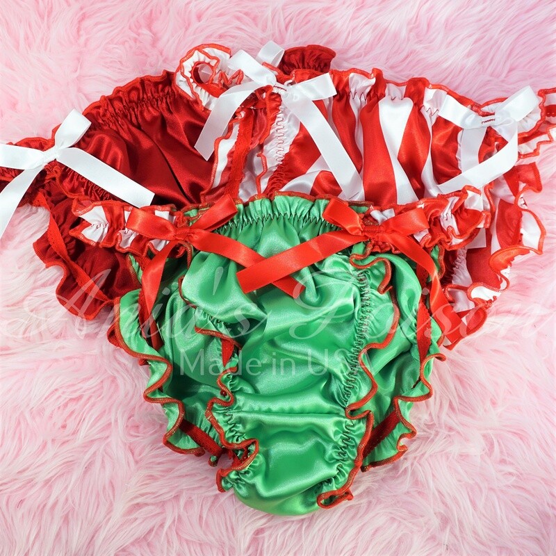CHRISTMAS Edition Ruffled SISSY PANTIES!  Ruffled Frilly girly string bikini Satin mens panties Red Green Candy Cane Stripe Shiny wetlook