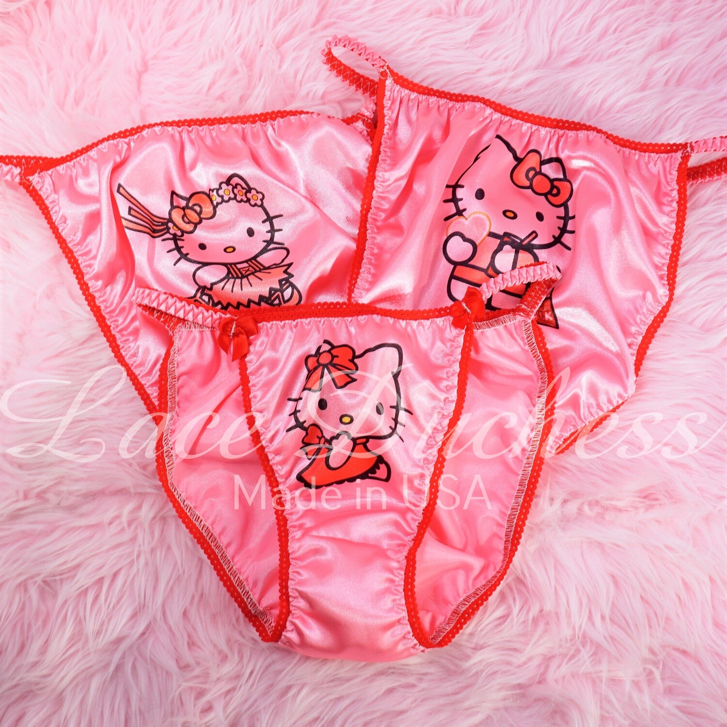 Lace Duchess Classic 80's cut Hello Kitty PINK Valentines Day Character movie print sissy satin wet look ladies and men's panties sz 5 6 7 8 9