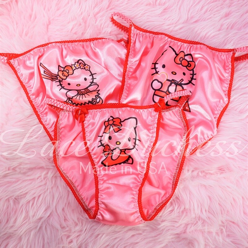 Lace Duchess Classic 80's cut Hello Kitty PINK Valentines Day Character movie print sissy satin wet look ladies panties sz 5 6 7 8 9
