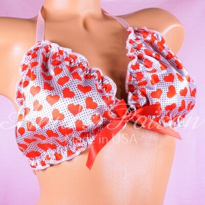 Valentines Day Ruffled super shiny SATIN lined Red with Black Dot Hearts tie up halter triangle Unisex OS bra