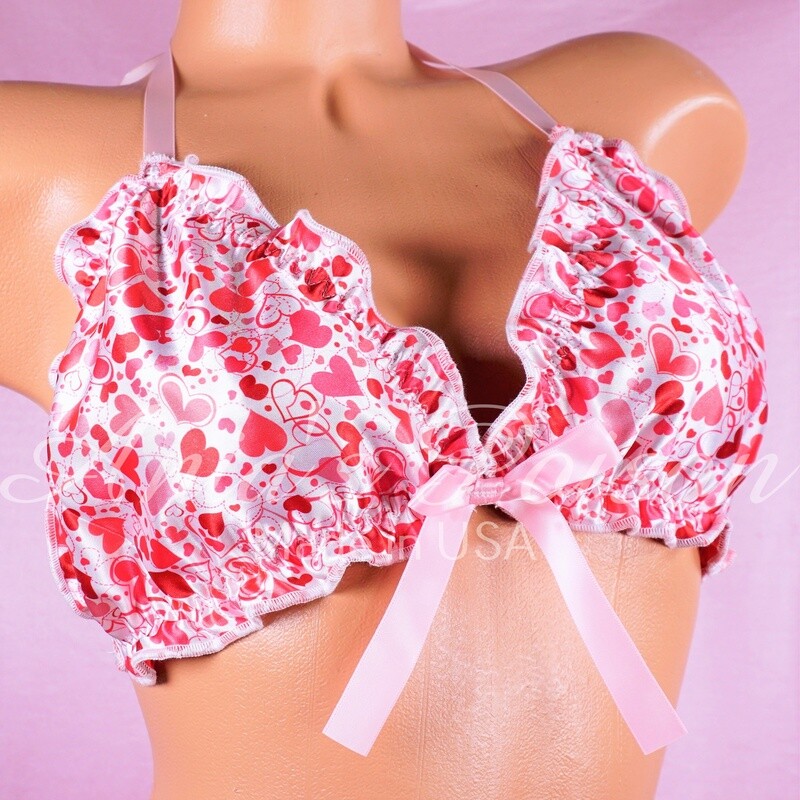 Valentines Day Ruffled super shiny SATIN lined Pink Love Hearts tie up halter triangle Unisex OS bra
