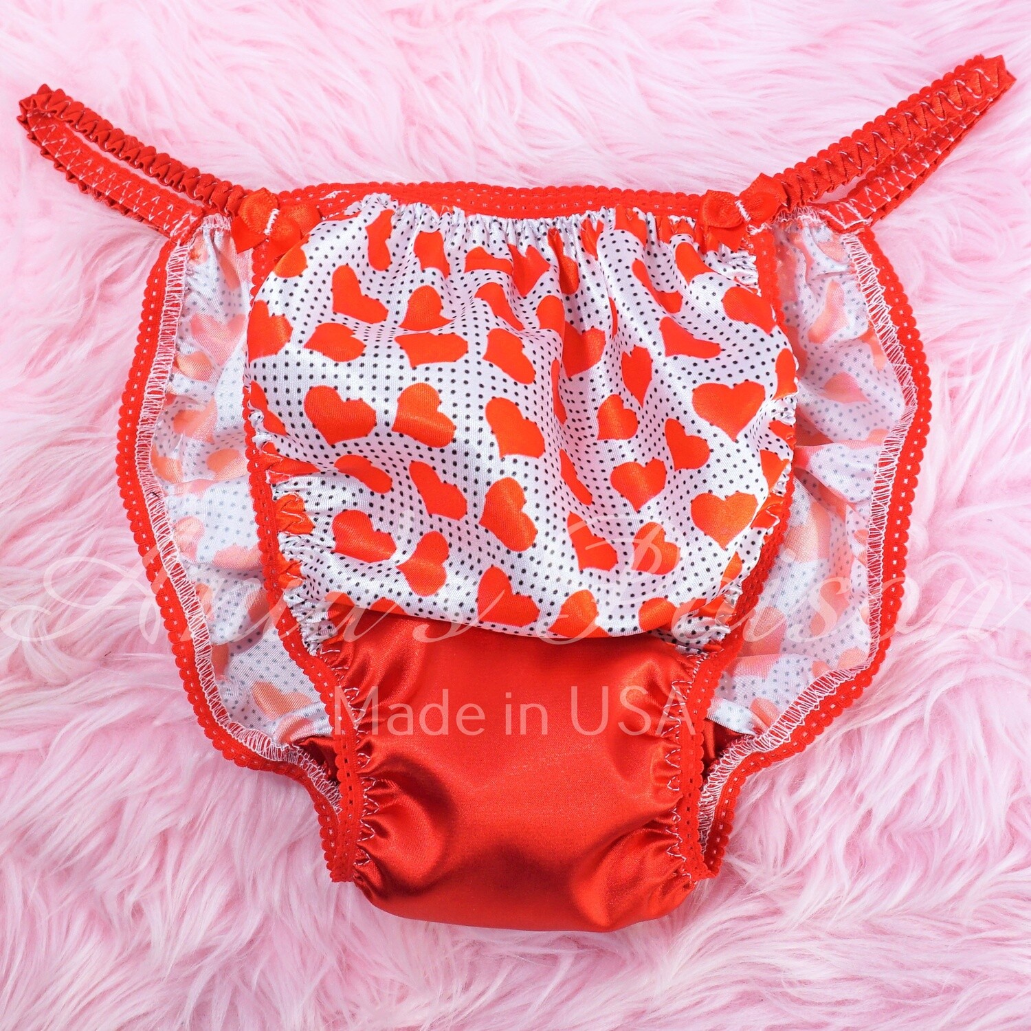 Valentine's Day RED with Swiss Dot Hearts Ania's Poison Cut sissy MENS SATIN Beautiful Shiny Silky wet look Mens holiday string Bikini panties