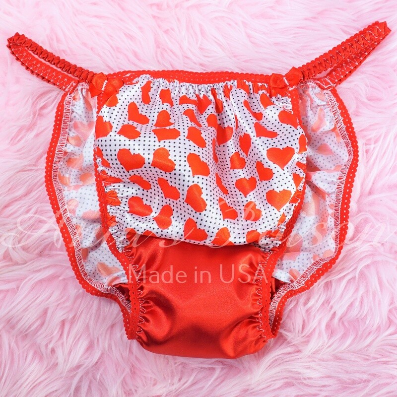 Valentine's Day RED with Swiss Dot Hearts Ania's Poison Cut sissy MENS SATIN Beautiful Shiny Silky wet look Mens holiday string Bikini panties