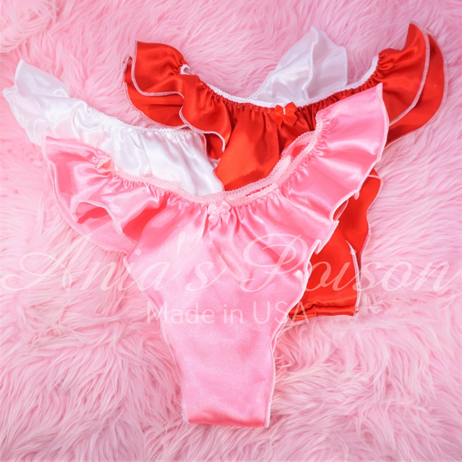 Ania's Poison Valentine's Gift set 3 pairs of Satin shiny Brazilian flutter panties Red Pink White wetlook