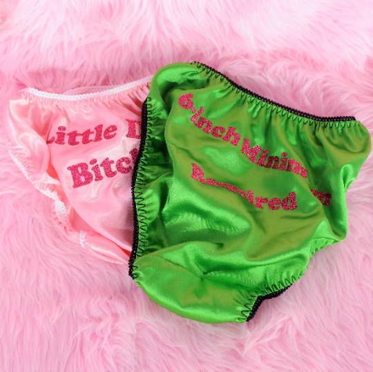 Sissy mens panties Totally CUSTOM Naughty TEXT Shiny wetlook string bikini Bias Cut Satin panties for WOMEN Classy Cut