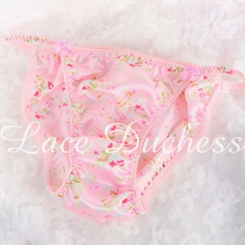 Lace Duchess Classic 80's cut Pink floral EASTER Spring satin panties - String bikini- Womens Cut size 7 Only