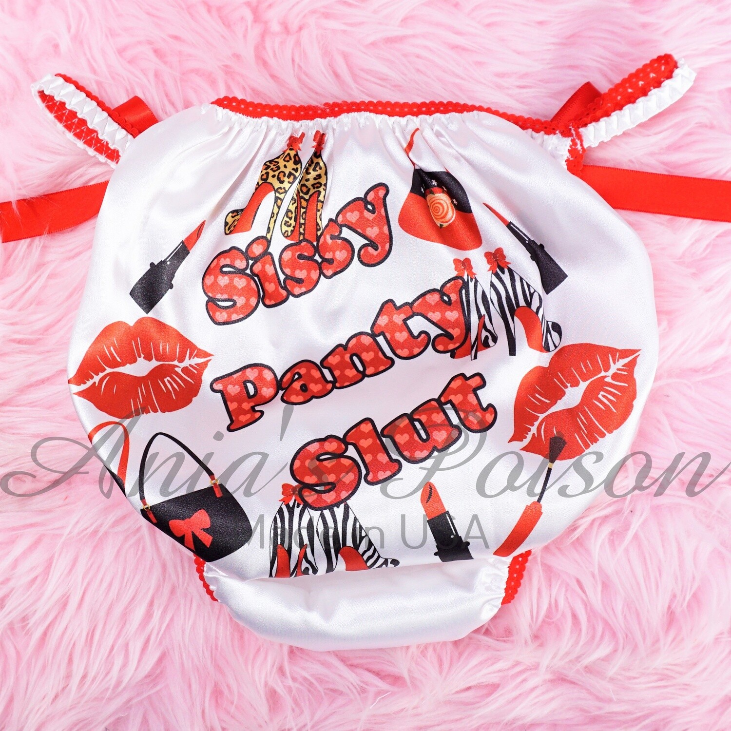 3 cuts option!- Mens and Womens Sissy Slut White REd satin Humiliation Panties Naughty Text Leopard Kisses - Duchess and Poison Cut