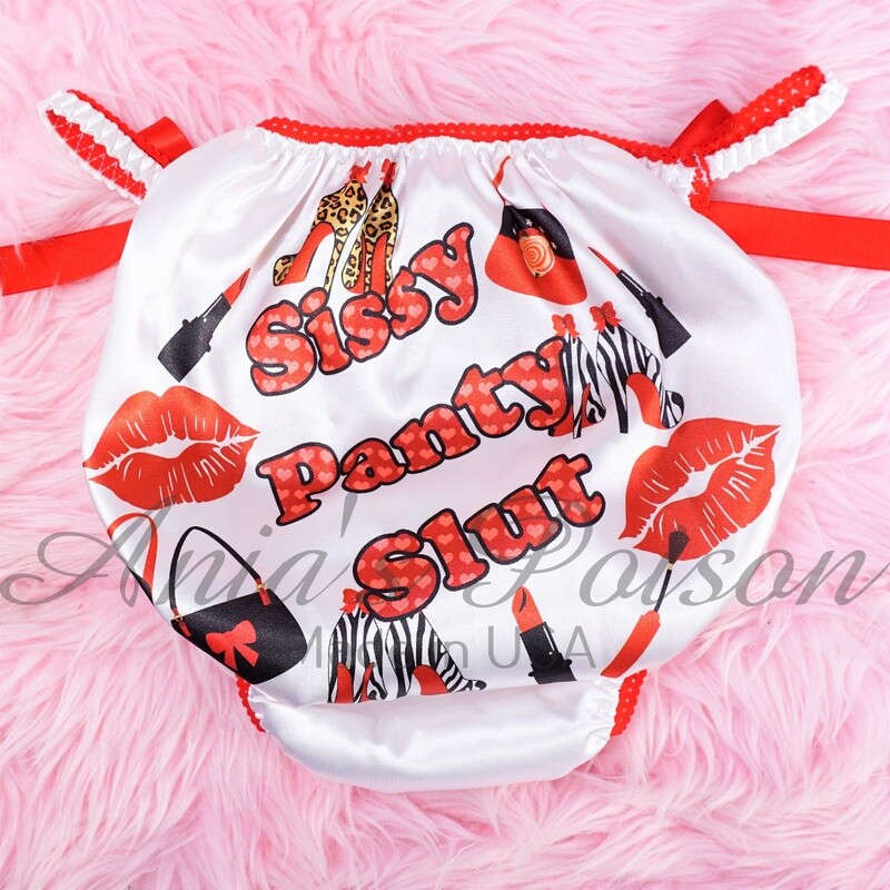 3 cuts option!- Mens and Womens Sissy Slut White REd satin Humiliation Panties Naughty Text Leopard Kisses - Duchess and Poison Cut