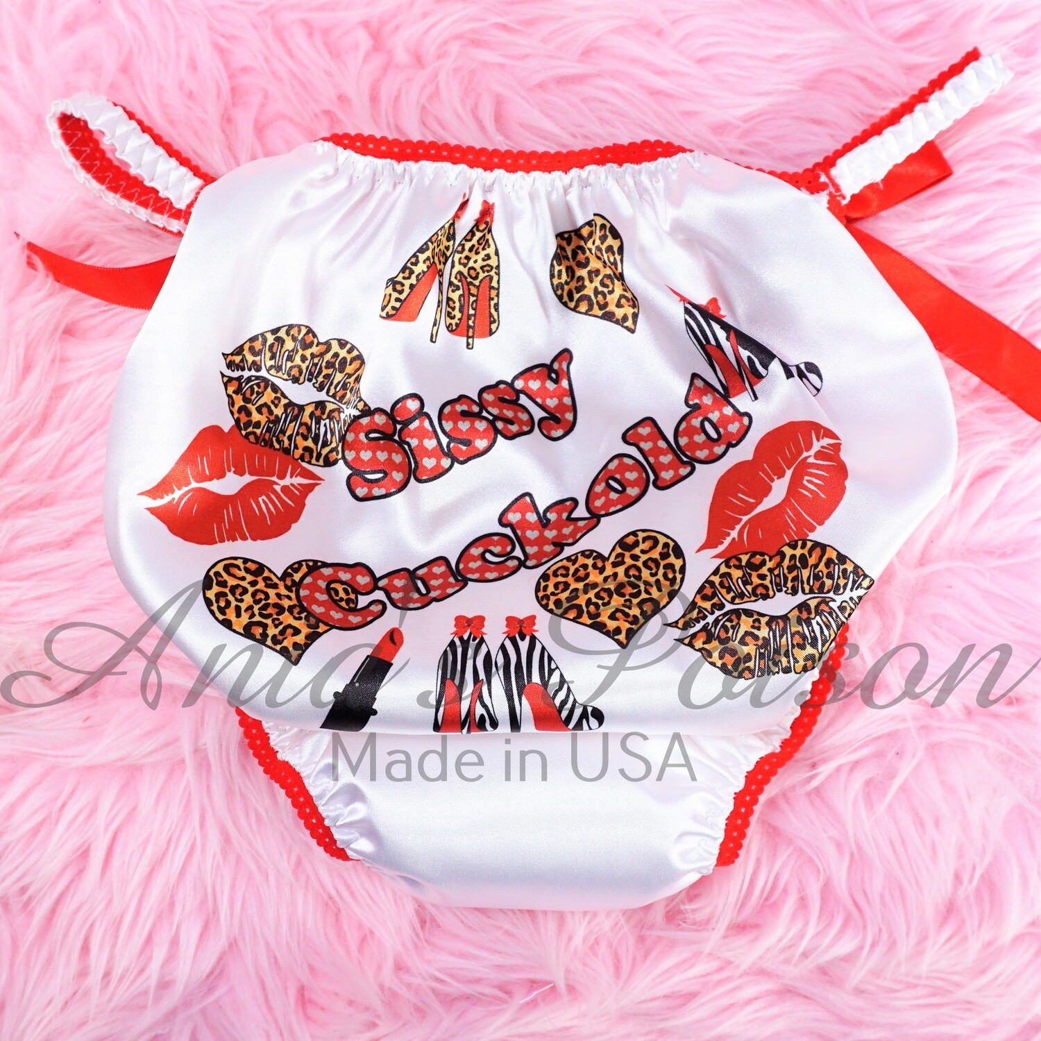 3 cuts option!- Mens and Womens Sissy Cuckold White REd satin Panties Naughty Humiliation Text Leopard Kisses - Duchess and Poison Cut