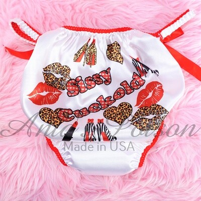 3 cuts option!- Mens and Womens Sissy Cuckold White REd satin Panties Naughty Humiliation Text Leopard Kisses - Duchess and Poison Cut