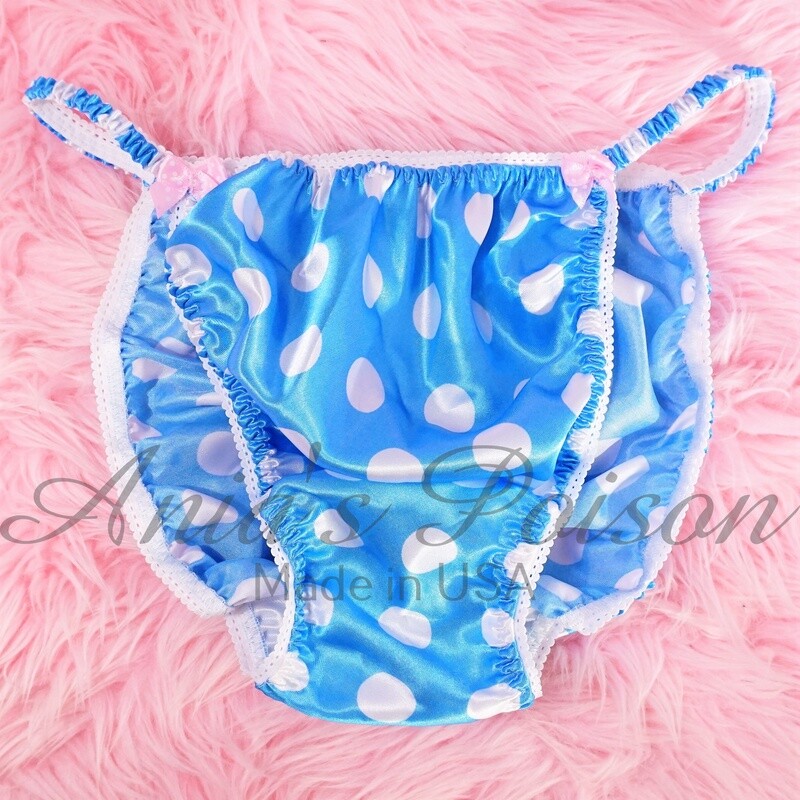 SISSY SATIN PANTIES! Ania's Poison BLUE Polka Dot White Trim shiny  100% polyester string bikini - mens underwear