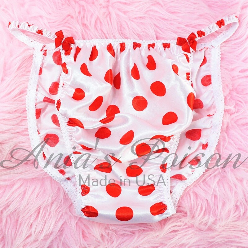 SISSY SATIN PANTIES! Ania's Poison Red White Polka Dot shiny  100% polyester string bikini - mens underwear