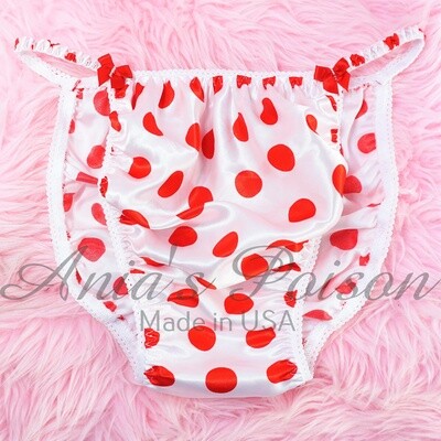SISSY SATIN PANTIES! Ania's Poison Red White Polka Dot shiny  100% polyester string bikini - mens underwear