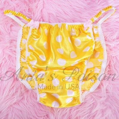 SISSY SATIN PANTIES! Ania's Poison Yellow WHite Polka Dot  - shiny 100% polyester string bikini - mens underwear