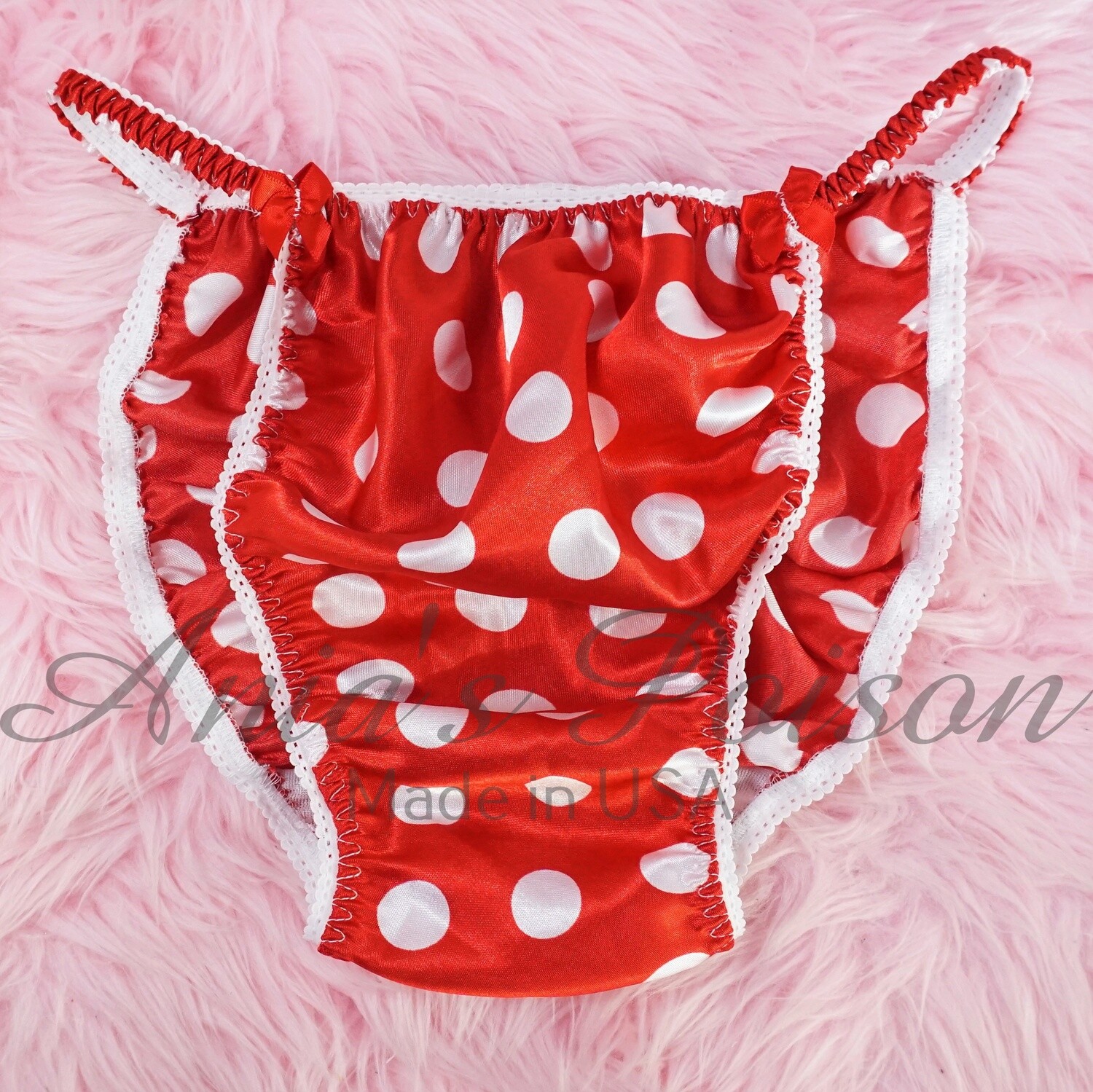 SISSY SATIN PANTIES! Ania's Poison RED Polka Dot - Mini mouse style - shiny  100% polyester string bikini - mens underwear