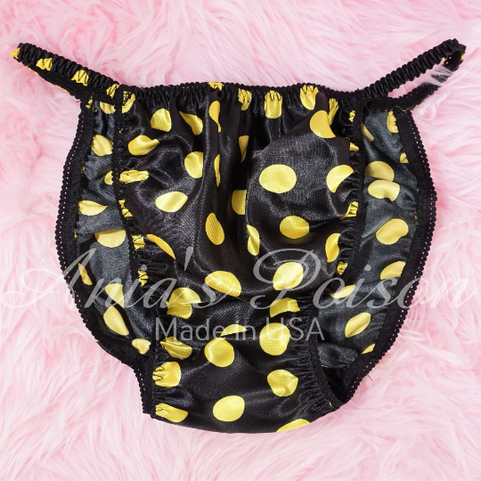 SISSY SATIN PANTIES! Ania's Poison Black Yellow Polka Dot White Trim shiny  100% polyester string bikini - mens underwear