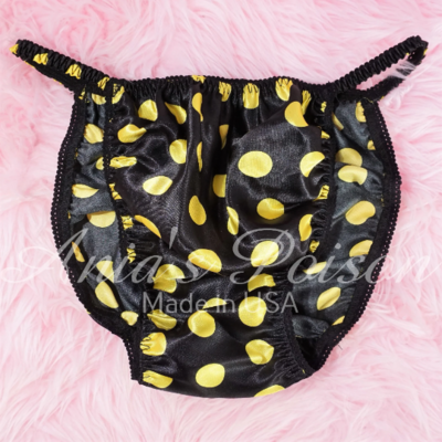 SISSY SATIN PANTIES! Ania's Poison Black Yellow Polka Dot White Trim shiny 100% polyester string bikini - mens underwear