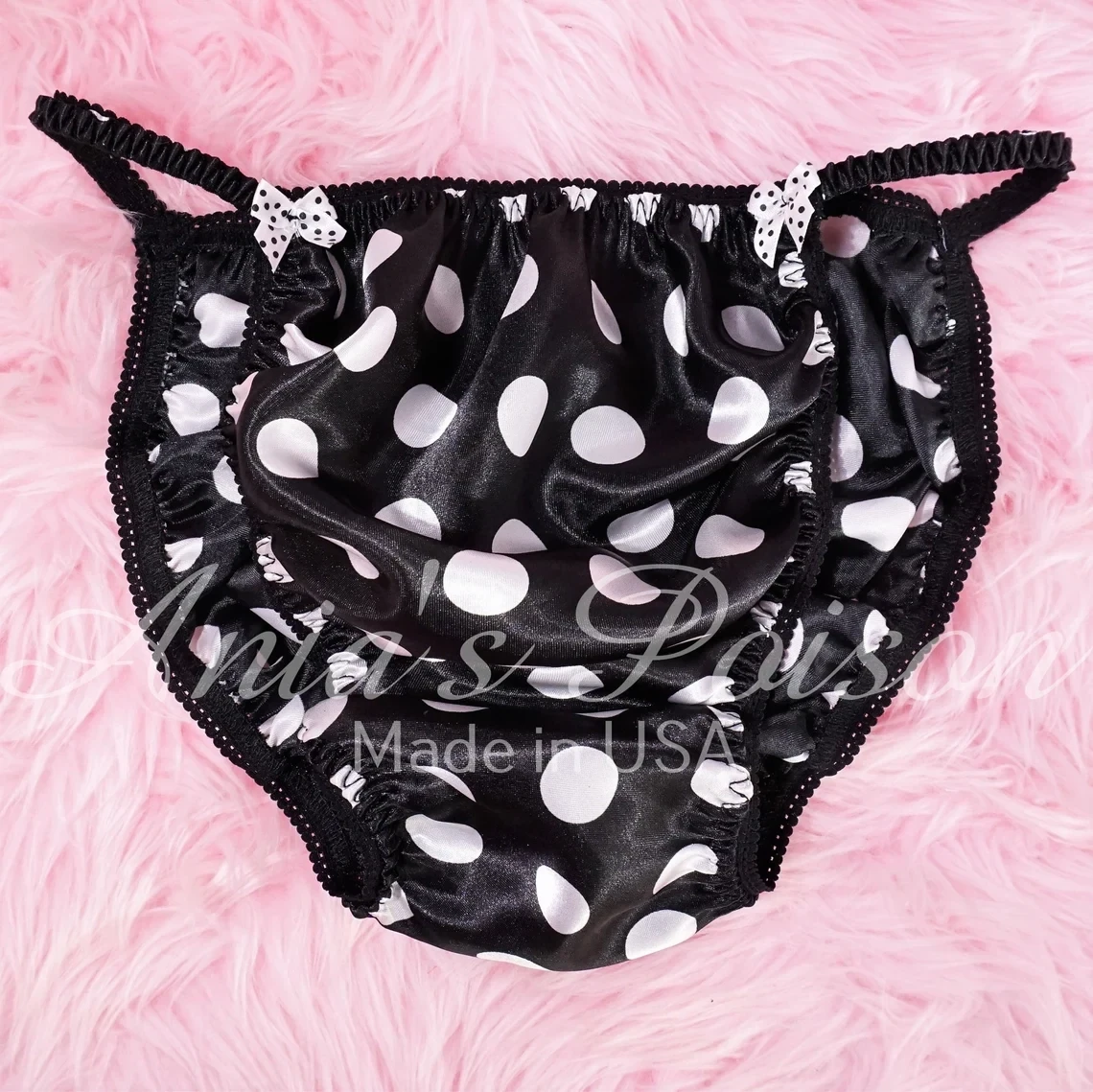 SISSY SATIN PANTIES! Ania's Poison Black and White polka Dot - shiny 100% polyester string bikini - mens underwear