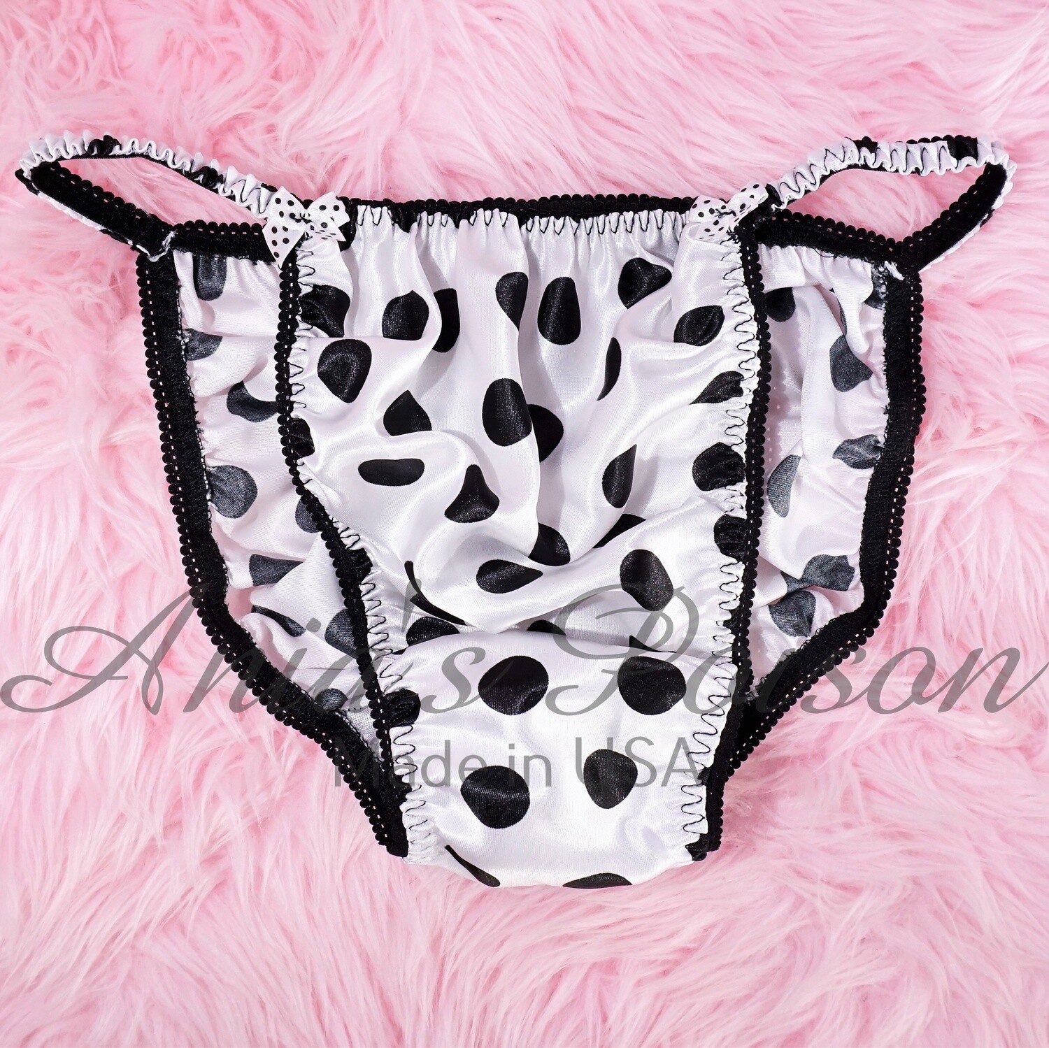 SISSY SATIN PANTIES! Ania's Poison White and Black polka Dot - shiny 100% polyester string bikini - mens underwear