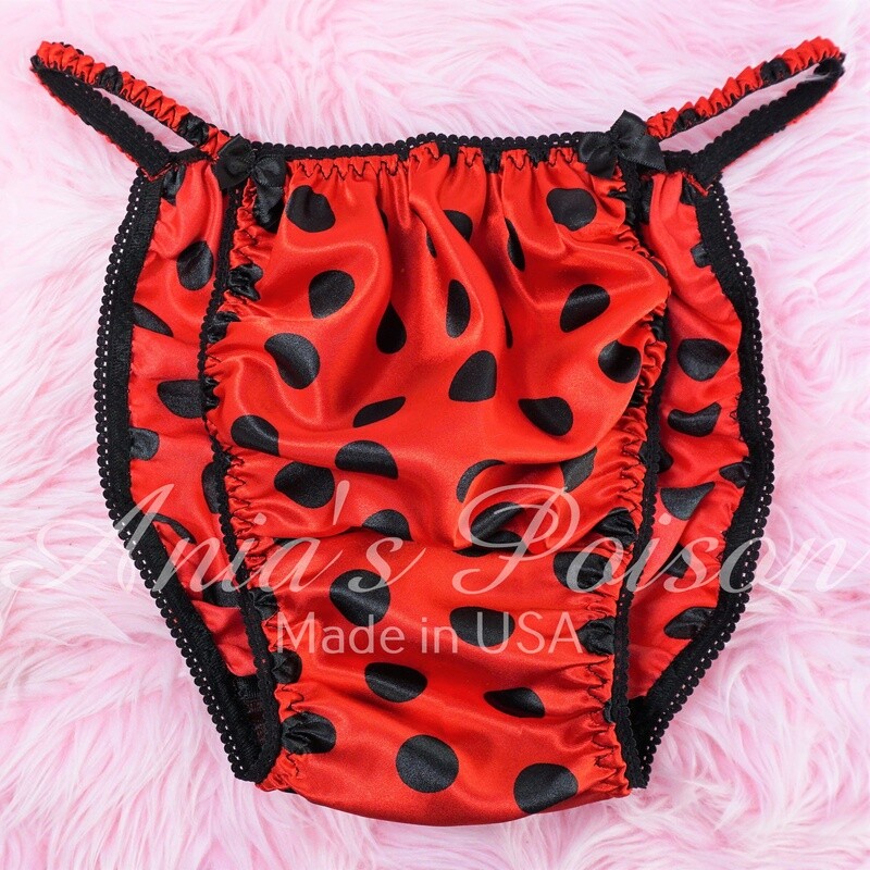 SISSY SATIN PANTIES! Ania's Poison Red w Black Dots polka Dot  - shiny 100% polyester string bikini - mens underwear