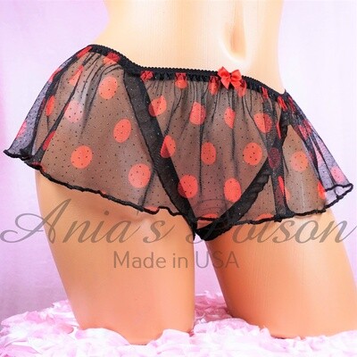 Anias Poison Unisex open crotch Crotchless butterfly Polka dot Sheer black red sissy ruffled panties - dead stock item sale