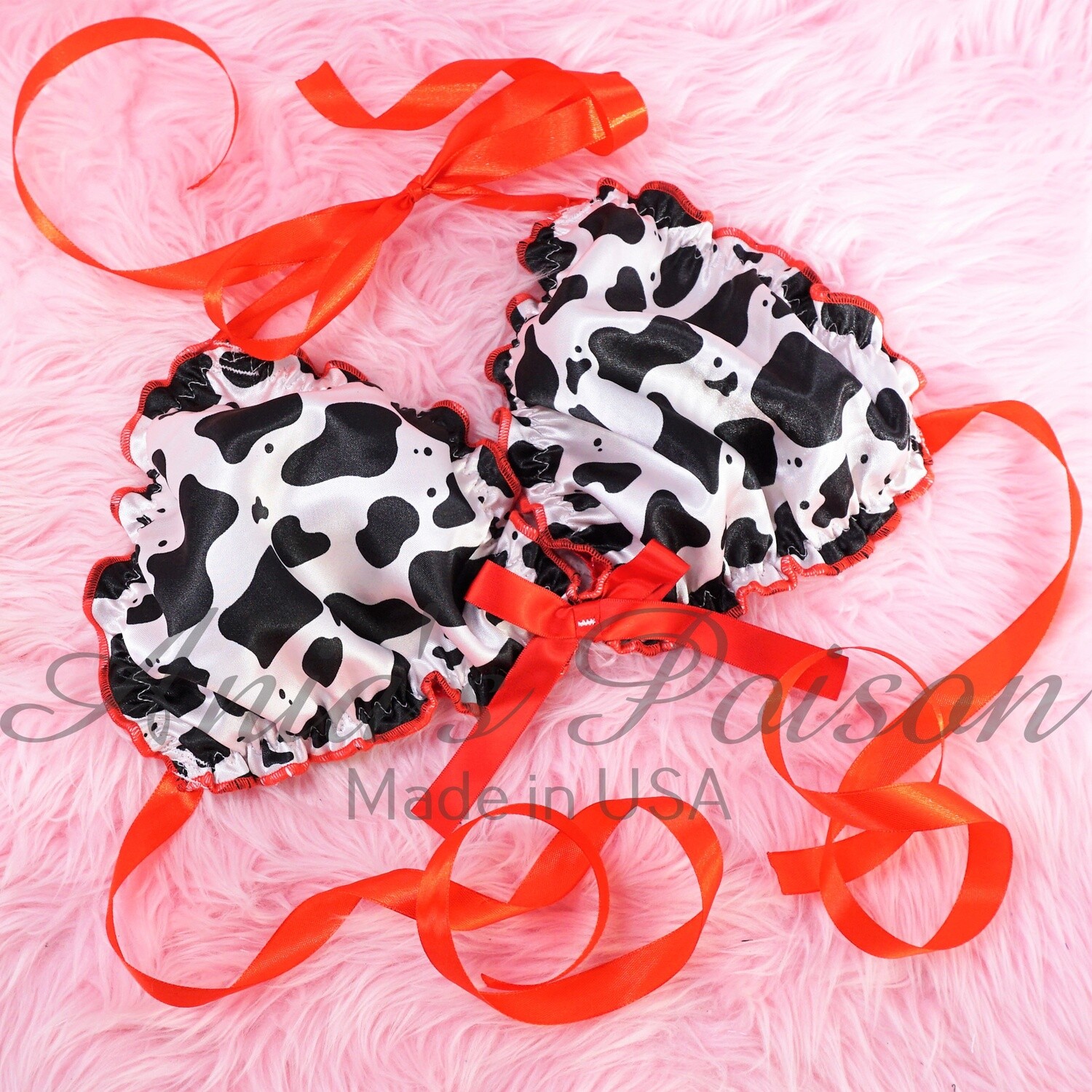 Satin Bra with cow print and red trim - Ruffled super shiny lined tie up halter triangle Unisex OS bra