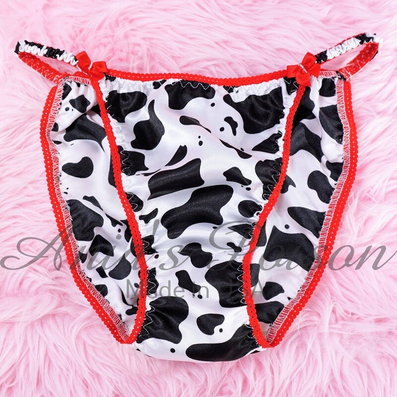 Satin Panties! Lace Duchess Classic 80's cut COW  print satin wet look Vintage Style Ladies panties sz 5 - 8!