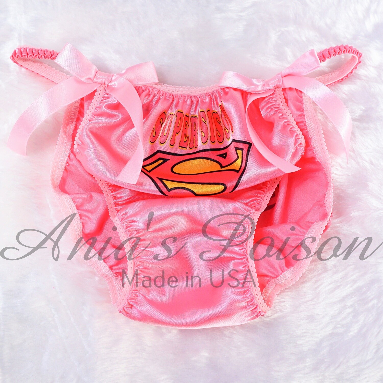 Satin Humiliation Panties - Mens and Womens SUPER SISSY Pink Or White Silky Satin Shiny string bikini panties! FRONT PRINT