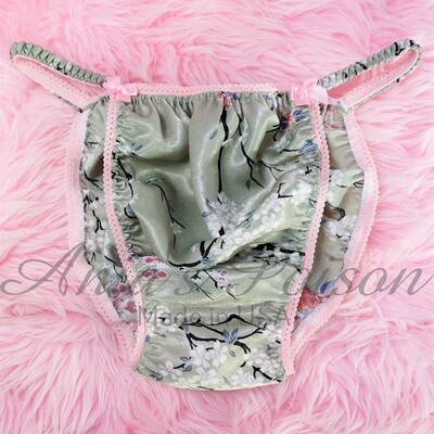 SAtin Asian Print Green SO SOFT Panties in Ania's Poison Cut, sissy MENS collection pouch front print Spring string bikini panties