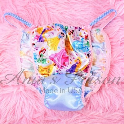 SAtin Panties with Princess Print  in Ania's Poison Cut, sissy MENS collection pouch front magical string bikini panties and/Or skirt bra set!